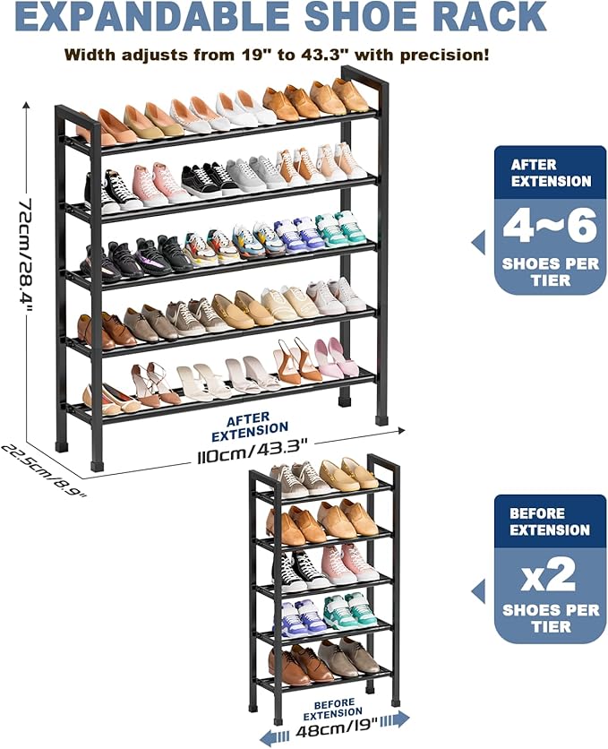 Mavivegue 5-Tier 19"-43.3" Adjustable Shoe Rack for Closet,Expandable Shoe Rack, Hall Entryway,Front Door,Garage, Sturdy Stee