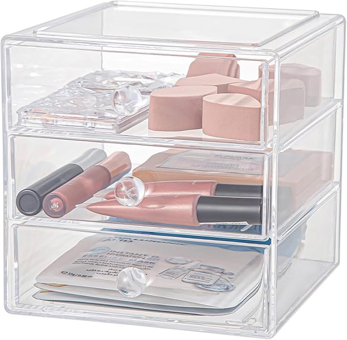 AJIODA Makeup Drawer Organizer Box with 3 Drawers, Acrylic Cosmetic Display Case Vanity Organizer Jewelry Storage Box Stackab