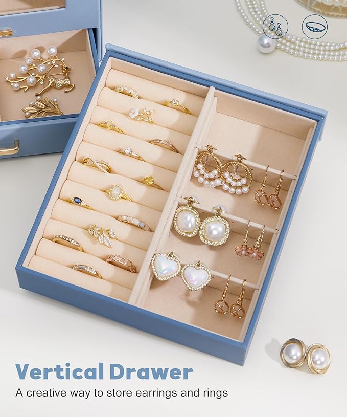 Homde Jewelry Organizer Girls Women Jewelry Box for Necklaces Rings Earrings Gift Bracelets Storage Case (Grey Blue + Gold)