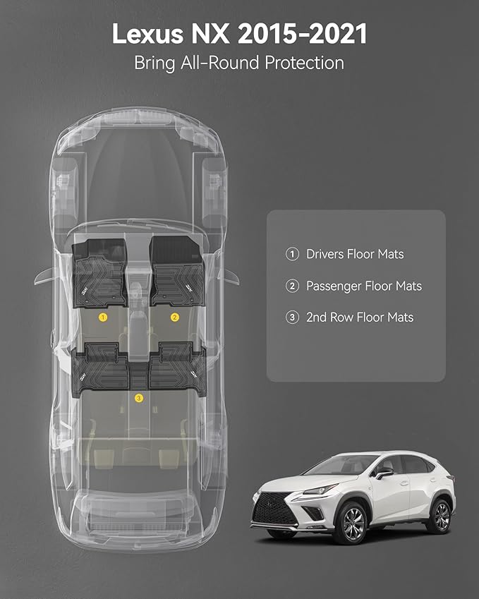 3W Floor Mats Compatible for Lexus NX NX200t NX300 NX300h 2021-2015 TPE All Weather Floor Liners Custom Fit Floor Liner for Lexus NX All Models，1st & 2nd Row Mat Car Accessories，Black
