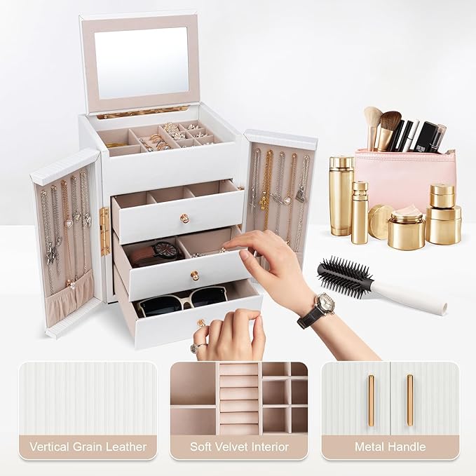 Dajasan Large Jewelry Box Organizer, Jewelry Storage Organizer with 3 Drawers, Huge Jewelry Box with Mirror for Women Girls, 