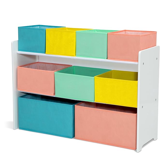 Delta Children Deluxe Multi-Bin Toy Organizer with Storage Bins - Greenguard Gold Certified, White with Blue/Orange/Pastel Bi