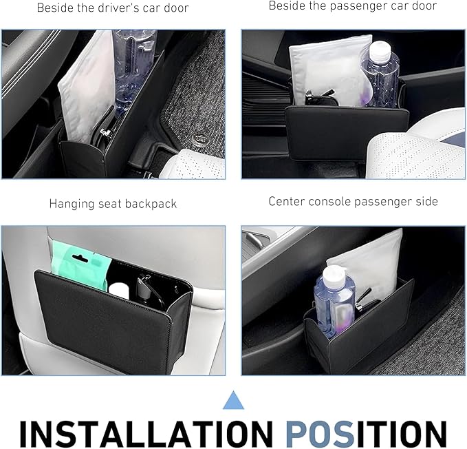Car Trash Can, Leather Foldable Waterproof Garbage Organizer with 1 Roll Trash Bags, Multi-Function Hanging Interior Holder for Car SUV (Black)