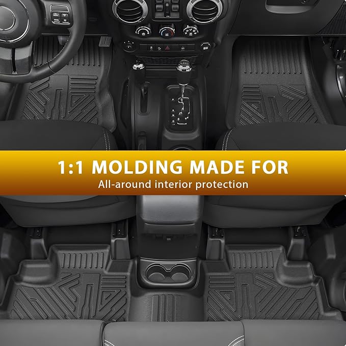 Powerty Floor Mats for Jeep Wrangler JK 2014-2018 Unlimited 4-Door (NOT for JL or 2-Door) All Weather TPE Custom Fit Car Mats Floor Liners 1st & 2nd Row, Black