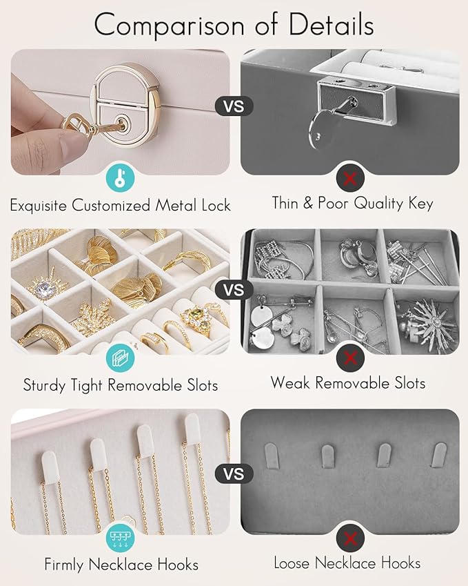 Vlando 2 Layer Jewelry Box,Jewelry Organizer Storage Lockable Earring Organizer Removable Jewelry Tray with Watch Pillow for 