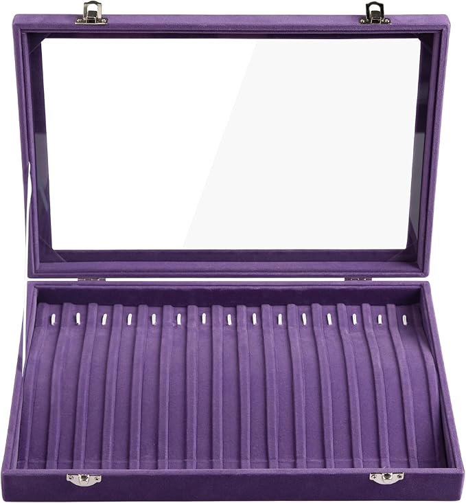 Frebeauty 15 Hooks Necklace Tray Velvet Neckalce Organizer with Clear Lid Lockable Necklace Holder Box Jewelry Organizer for 