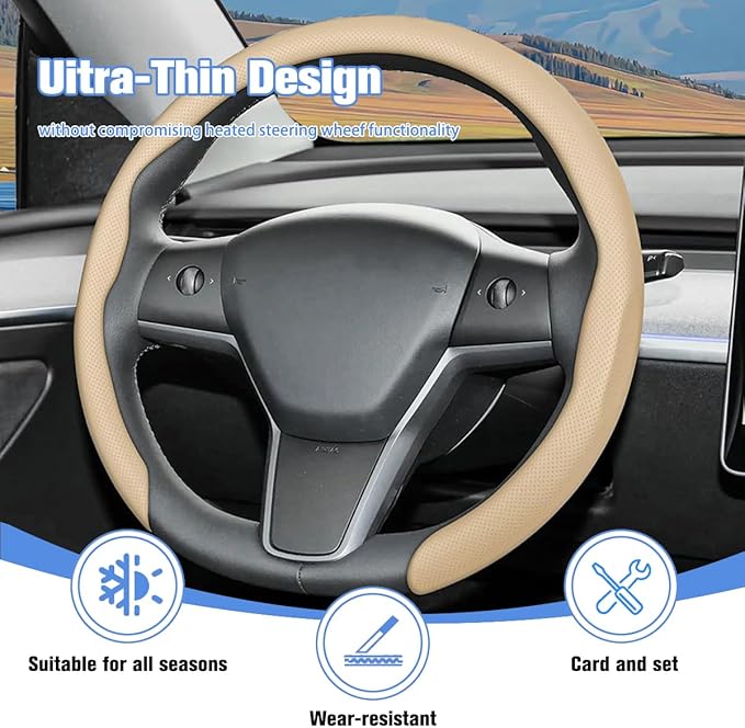 Car Nappa Leather Steering Wheel Cover, 15" Fashionable 5D Anti-Slip Vehicle Steering Wheel Protector, Breathable Auto Interi