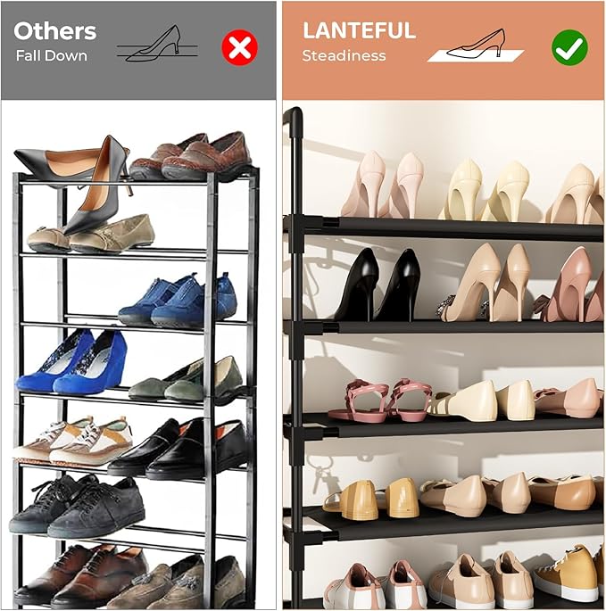 LANTEFUL Tall Shoe Rack 10 Tier Shoe Organizer Large Shoe Shelf with 18 Hooks Storage for 50 Pair, Stackable Vertical Shoe Ra