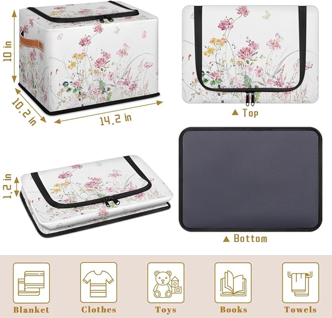 Boho Floral Flowers Storage Basket - Rectangular Decorative Box Collapsible Organizer with Zipper Lid, Watercolor Butterfly B