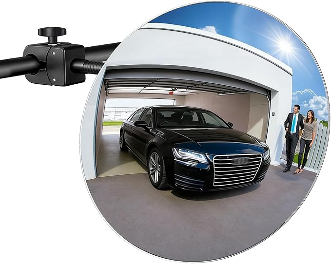 17.3" Wide‑Angle HD Convex Mirror with Crab Clamp Base - Acrylic Safety Security Traffic Corner Mirror, Round Frameless Observation Mirror for Garage, Driveway, Warehouse, Office, Store - Clamp-Mount