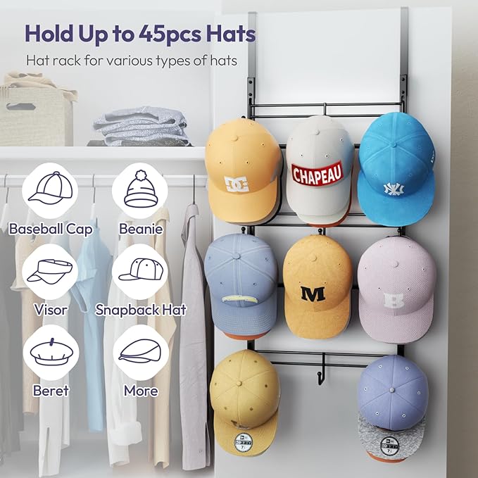 SWTYMIKI Over Door Hat Organizer - 3 Tier Metal Adjustable Wall Mounted Hat Rack with 9 Hooks Design, Hanging Baseball Cap Or