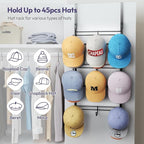 SWTYMIKI Over Door Hat Organizer - 3 Tier Metal Adjustable Wall Mounted Hat Rack with 9 Hooks Design, Hanging Baseball Cap Or