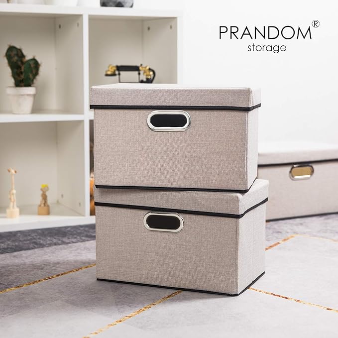 PRANDOM Foldable Storage Bin with Lid [5-Pack] Linen Fabric Decorative Storage Box Organizer Container Basket Cube with Handl