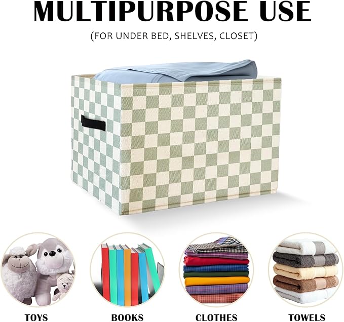 Sage Green Checkered Storage Basket Organizer Bins With Handles,Rectangular Organizing Decorative Storage Basket for Kids,Cut