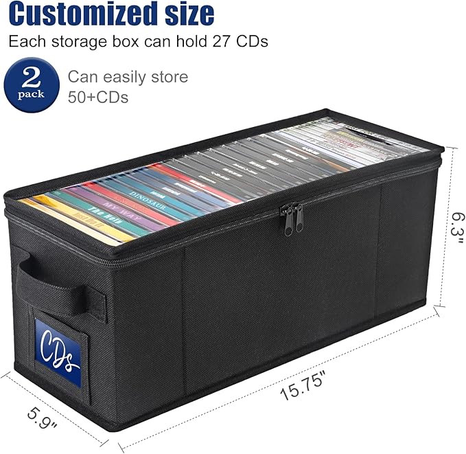 CCidea CD Storage Box with Clear Window - 2 Pack Media Organizer, Innovative Folding Design for CD Discs, CD Holder with Reinforced Handle & Label Slot, Holds 29 CDs Each, Fits Car & Home Use (2)