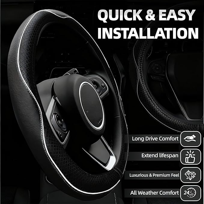NBTEPEM 6 PCS Car Steering Wheel Cover Set, Microfiber Leather Steering Wheel Covers Universal 14.5-15 inch, Center Console Cover, Seat Belt Cushion, Cup Holder Coaster, Car Accessories Set White