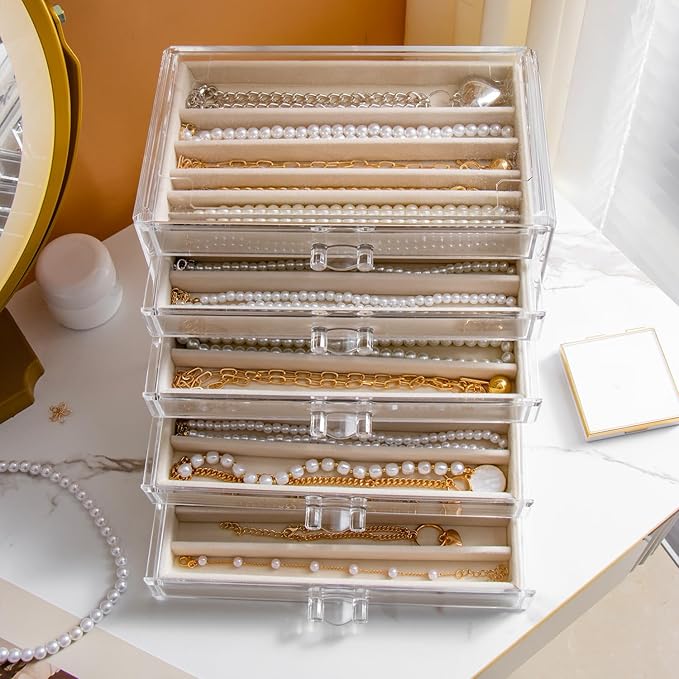 YUFONG Necklace Holder Organizer, Dustproof Necklace Box Velvet Necklace Organizer Box with Lid Clear Acrylic Dustproof Stack