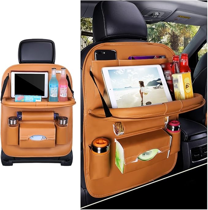 Car Seat Back Organizer, Leather Vehicle Seatback Storage Pocket with Foldable Table Tray, Multifunctional Automotive Backsea