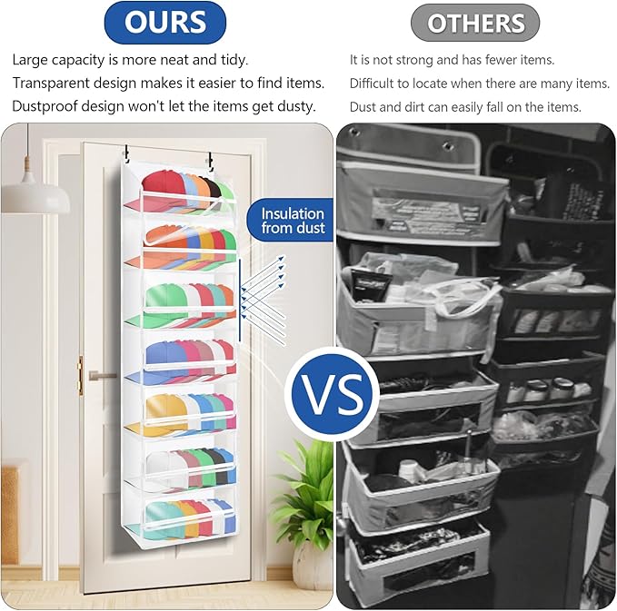 7-layer large capacity Hat Organizer, Hat Rack for Door With Dust Cover, Adjustable Hooks, And Transparent Visible Over The D