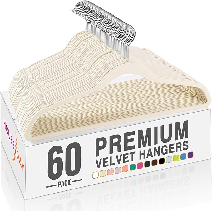 HOUSE DAY Ivory Velvet Hangers 60 Pack, Non Slip Clothes Felt Hanger Heavy Duty for Coat, Premium Slim Space Saving Suit Hang