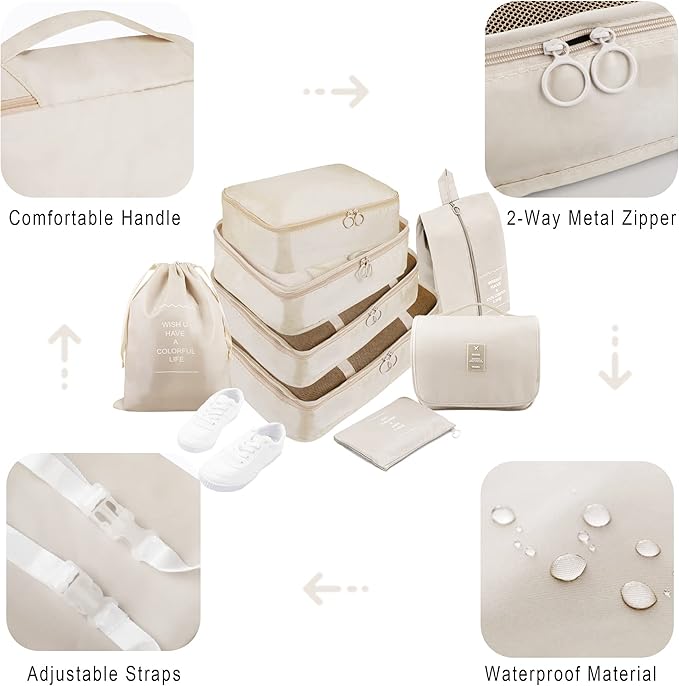 Packing Cubes, 8 Pcs Travel Packing Organizers for Suitcases, Large Capacity Travel Luggage Organizers Set includes 8 Storage