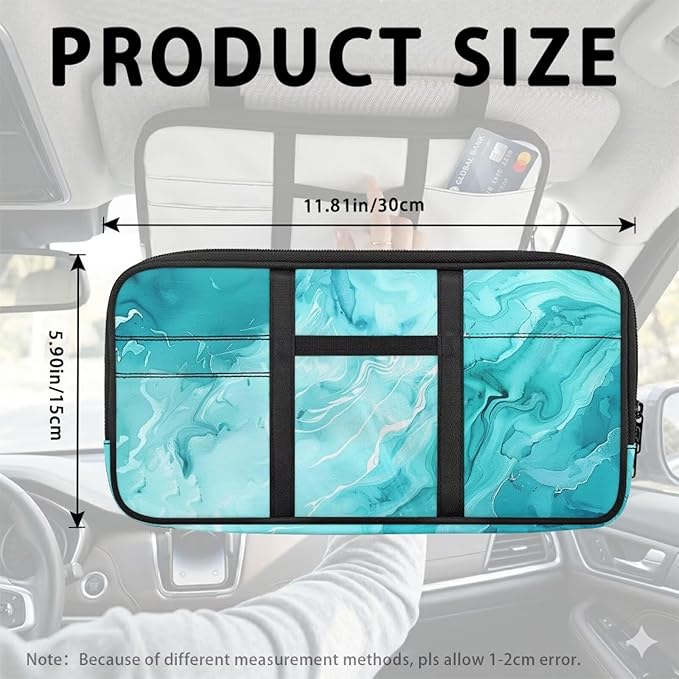 Green Marble Car Sun Visor Organizer, Auto Interior Visor Storage Pouch Holder with Zipper, Multi-Pocket Visor Organizer Storage Universal Cars Accessories for Card, Document