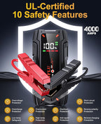 4000A Portable Car Jump Starter, Battery Jump Starter for 8L Gas & 6L Diesel Engines, 10 Safety Protections, 12V Jump Box