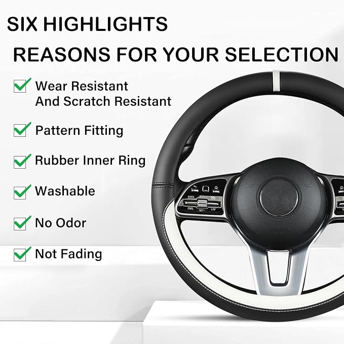 Black & White Nappa Leather Steering Wheel Cover, 14.5-15 inch Universal Car Steering Wheel Cover Non-Slip Breathable Absorbi