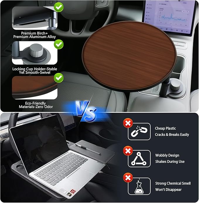 Car Desk for Laptop, Portable 360° Rotation Wooden Steering Wheel Tray (Cup Holder Mounted) for Food, Eating, Office, Compatible with Tesla Model Y/3 & Most Vehicles