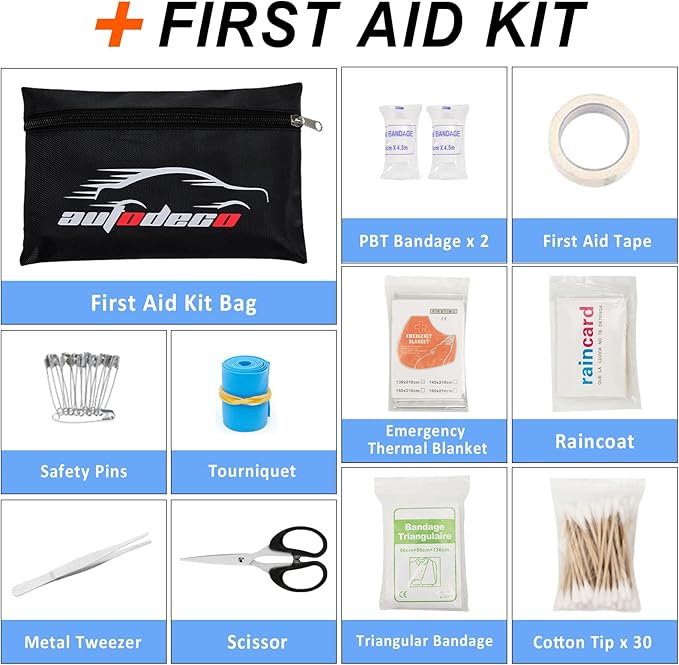 AUTODECO 98 PCS Roadside Car Emergency Assistance Kit with Portable Air Compressor Jumper Cables Safety Hammer All in One Pli