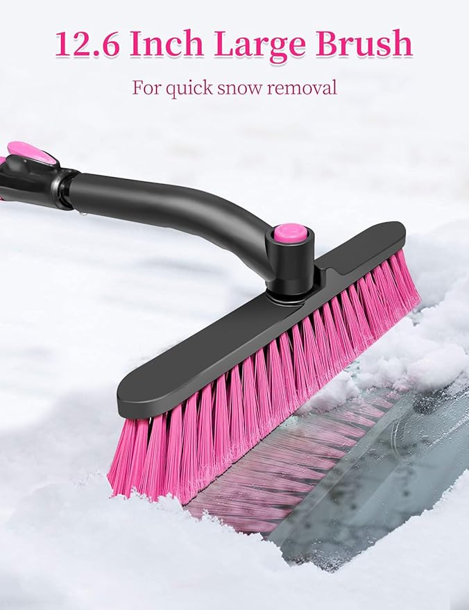 HEEYA 44 Inch Snow Brush for SUV, Ice Scraper for Car Windshield Window, Extendable Snow Scraper and Brush with Comfortable Foam Grip for Truck Vehicle Automobile - Pink