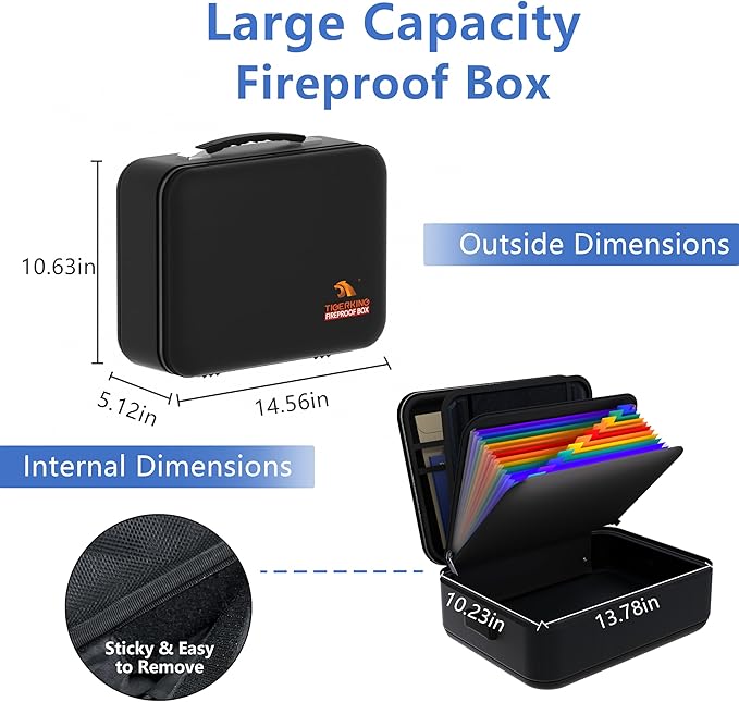 TIGERKING Fire Proof Document Safe Box with Lock and Handle – Fireproof Document Box Organizer with Hard Shell, Portable Fire
