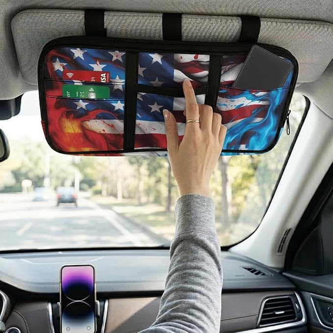 American Flag Car Sun Visor Organizer, Car Sun Visor Storage Pouch with Card Sleeve Pocket 250 Anniversary USA Sunshade Organizer Bag Patriotic Auto Interior Accessories