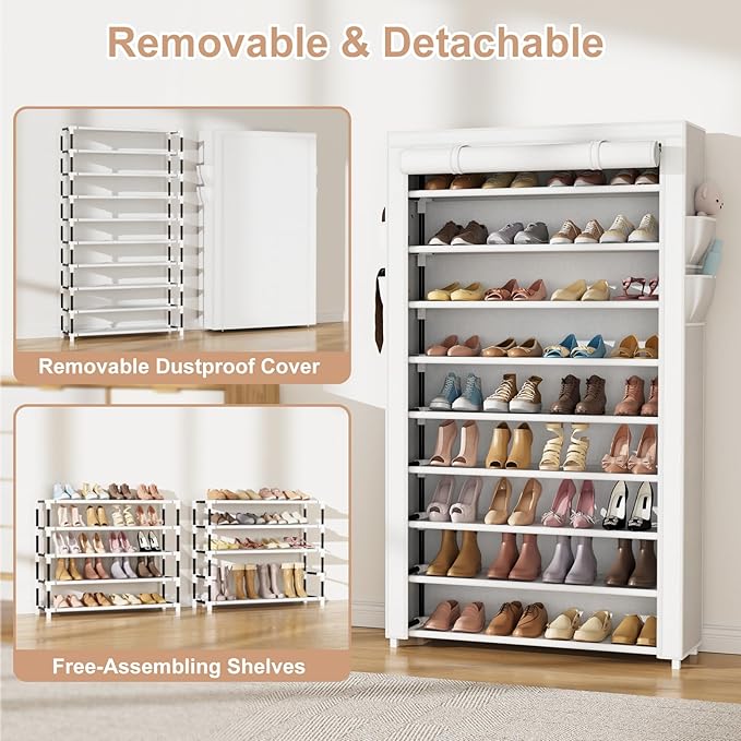 VILICK Shoe Rack with Cover Narrow Shoe Organizer with Pockets 10 Tier Tall Shoe Storage Holds 36-41 Pairs Shoes and Boots Sh