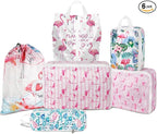 6 Pcs Compression Packing Cubes Waterproof Suitcase Travel Bag Luggage Backpack Organizer Travel Cubes for Packing-Flamingo