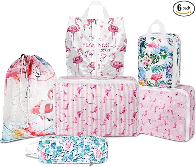 6 Pcs Compression Packing Cubes Waterproof Suitcase Travel Bag Luggage Backpack Organizer Travel Cubes for Packing-Flamingo