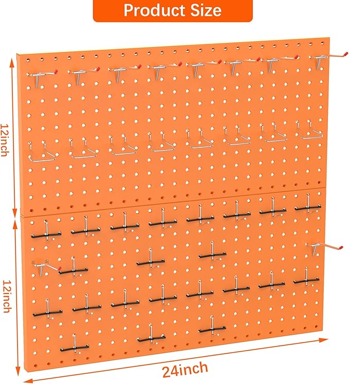 TORACK Metal Pegboard Wall Organizer 24" x 24" or 12" x 48", 70 PCS Tools Storage Pegboard for Garage, Modular Pegboard, Tool