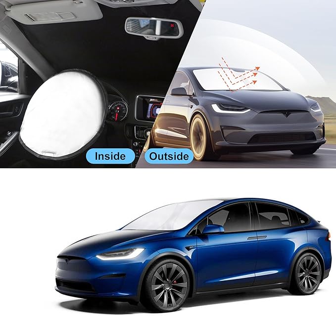 TINGLU Sun Shade for Tesla Model X Tesla X 2016-2025 2026 Accessories Windshield Sun Shade Window Shade UV Rays Protection Sun Visor Cover with Steering Wheel Sunshade Storage Bag