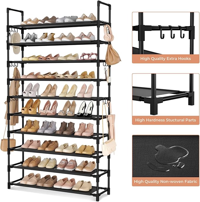 LANTEFUL Tall Shoe Rack 10 Tier Shoe Organizer Large Shoe Shelf with 18 Hooks Storage for 50 Pair, Stackable Vertical Shoe Ra