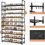 LANTEFUL Tall Shoe Rack 10 Tier Shoe Organizer Large Shoe Shelf with 18 Hooks Storage for 50 Pair, Stackable Vertical Shoe Ra