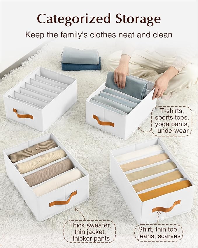 Homsorout Clothes Organizers and Storage - 4/5/7 Grids Fabric Jeans Organizer with Handles, Foldable Closet Organizers Divide