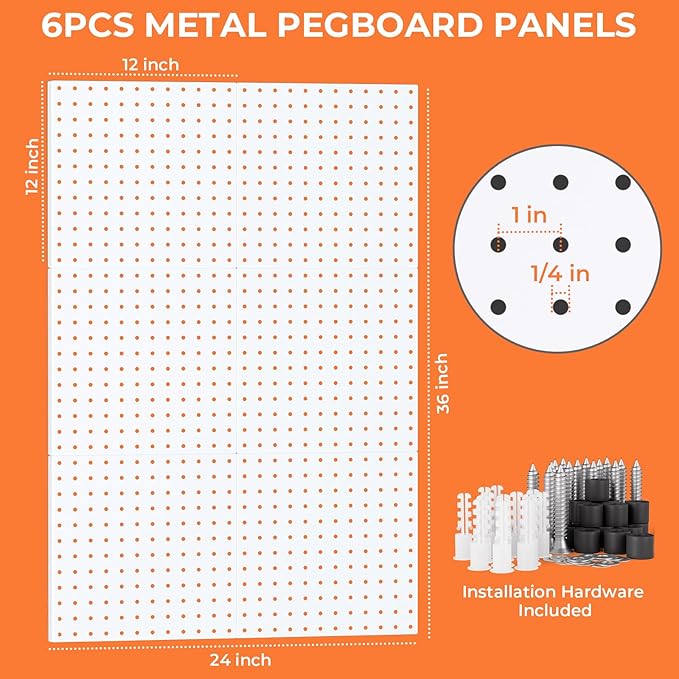 INCLY 90PCS Metal Peg Board Kit with 1/4" Pegboard Accessories, 6 Pack White Peg Board Panels, Bins, Cups and Peg Board Hooks