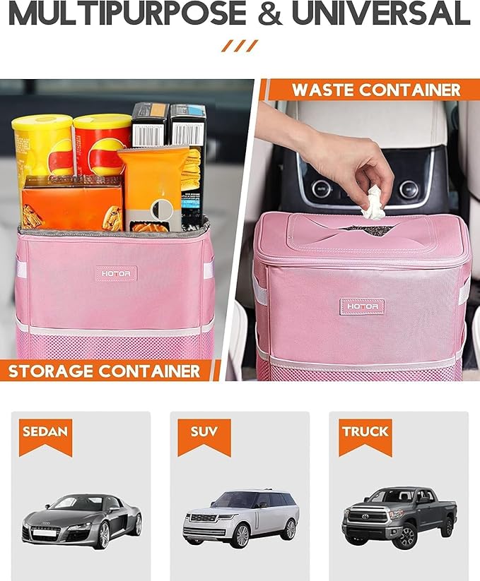 HOTOR 3 Gallons Car Trash Can, Ultra Large Capacity Organizer and Storage with Adjustable Straps & Magnetic Snaps, Waterproof Car Accessory for Interior Car Stuff Storage, Pink