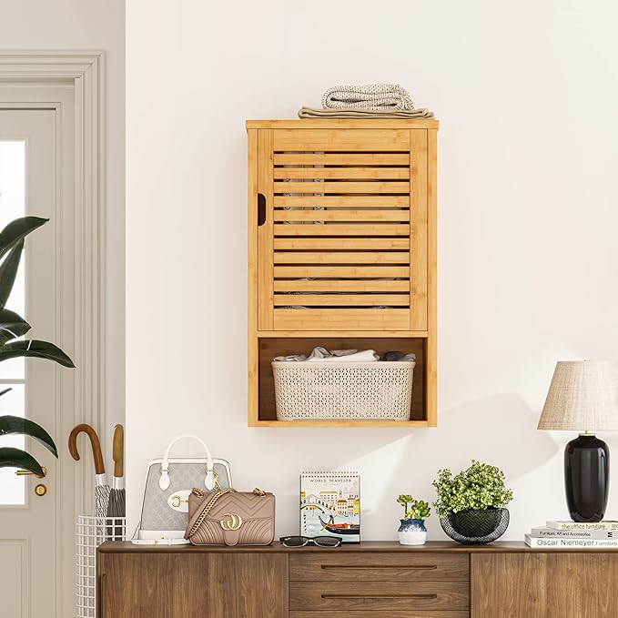VIAGDO Bathroom Wall Cabinet, Wooden Medicine Cabinet with Single Door and Adjustable Inner Shelf, Bamboo Storage Cabinet Wal