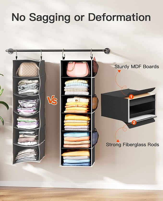 Pipishell Hanging Closet Organizer 6-Shelf, Hanging Shelves for Closet with 3 Removable Drawers & Side Pockets for Bedroom, G
