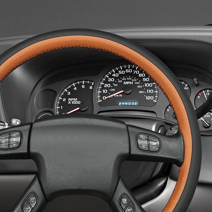 MEWANT Hand-Stitched Steering Wheel Cover for Chevy Silverado 1500 2003-2006 Trailblazer Black Brown Faux Leather Wrap