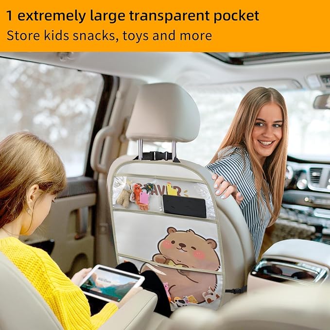kids Leather Car Backseat Organizer with Foldable Table Tray, Car Storage Organizer with Tablet Holder, Car Seat Back Protectors Kick Mats, Travel Accessories (Beaver)