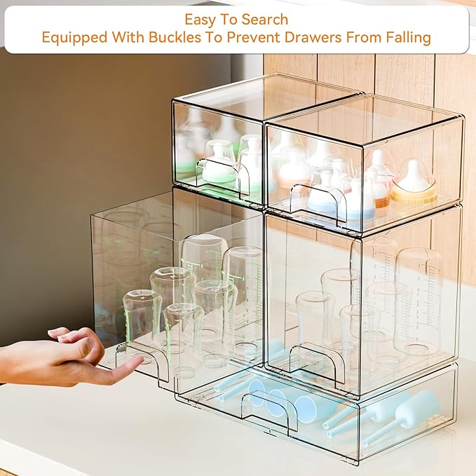Yieach 5 Set Clear Stackable Storage Drawers and Acrylic Drawer Organizer,BPA Free Baby Bottle Organizer for Countertop and B