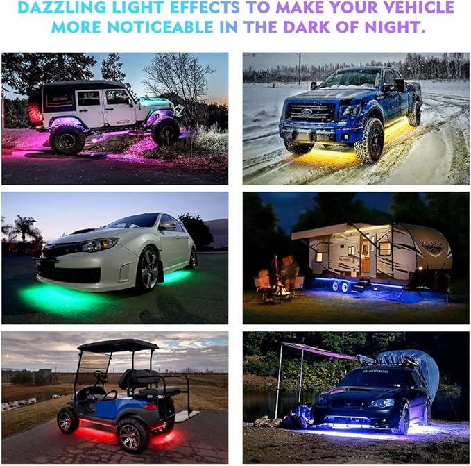 Xprite Double Row RGB LED Car Underglow Bluetooth Lights Strip, 4 PCS Underbody Neon Cars Exterior Glow Light Kit w/APP Control & Wireless Remote, Universal for Vehicles SUV Trucks Pickups Vans