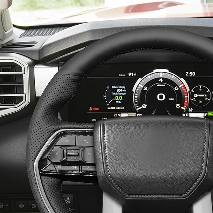 MEWANT Hand Stitch Black Genuine Leather Steering Wheel Cover Wrap for Toyota Tacoma 2024 Tundra 2022-2024 Sequoia 2024